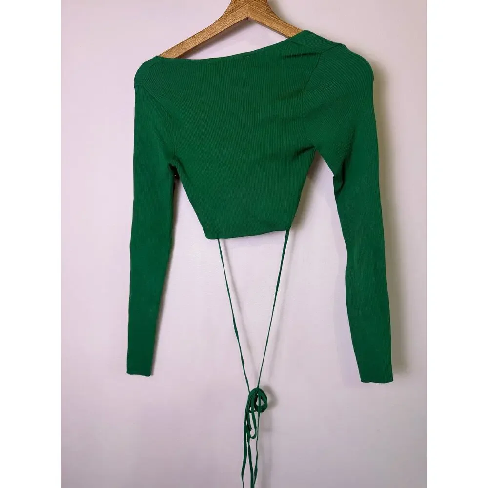 ZARA Green Ribbed Wrap Tie Crop Top Long Sleeve Cutout Small